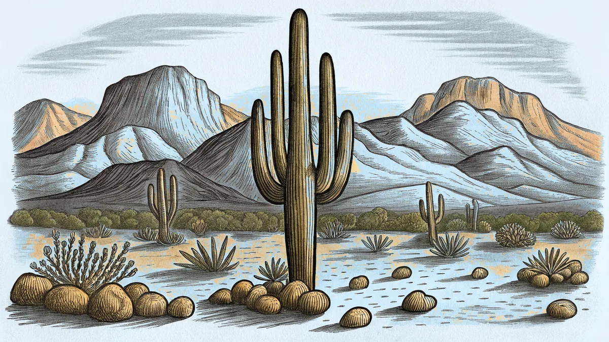 A giant saguaro cactus rises from the golden Sonoran desert landscape