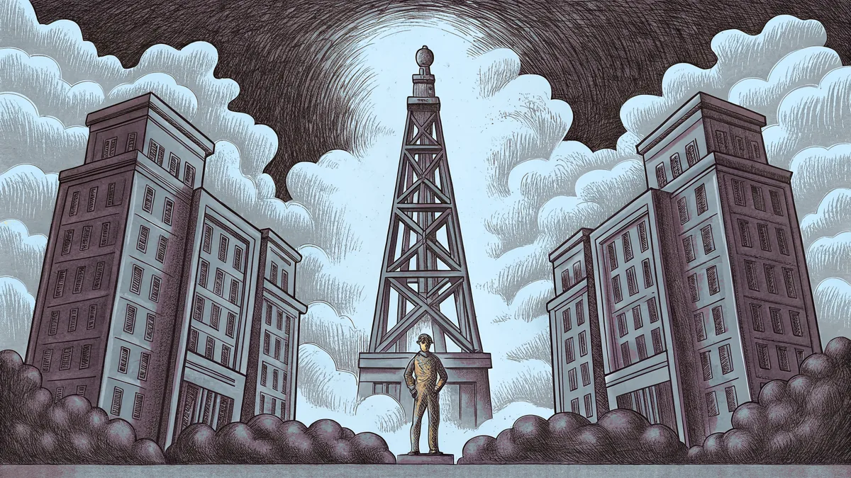 A large oil derrick standing near Tulsa's famous golden driller sculpture.