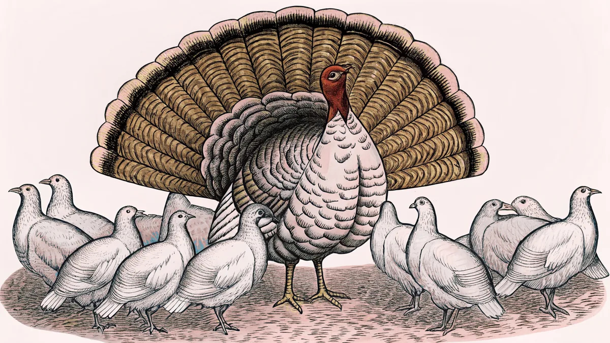 Turkey on roost with ruffled plumage and wattle standing above its flock.