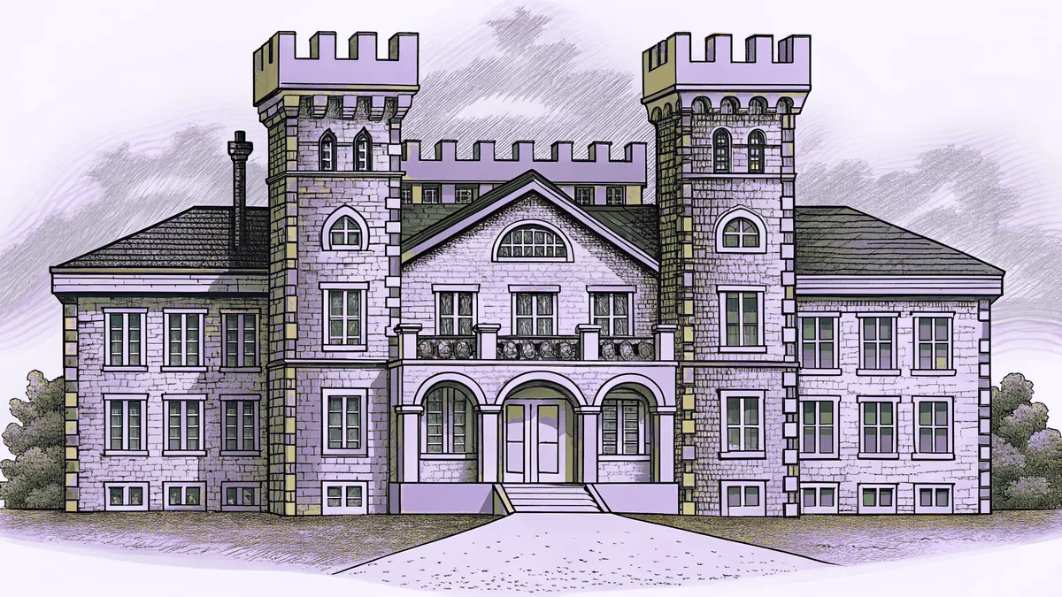 An imposing manor rises with stone battlements against swirling fog.