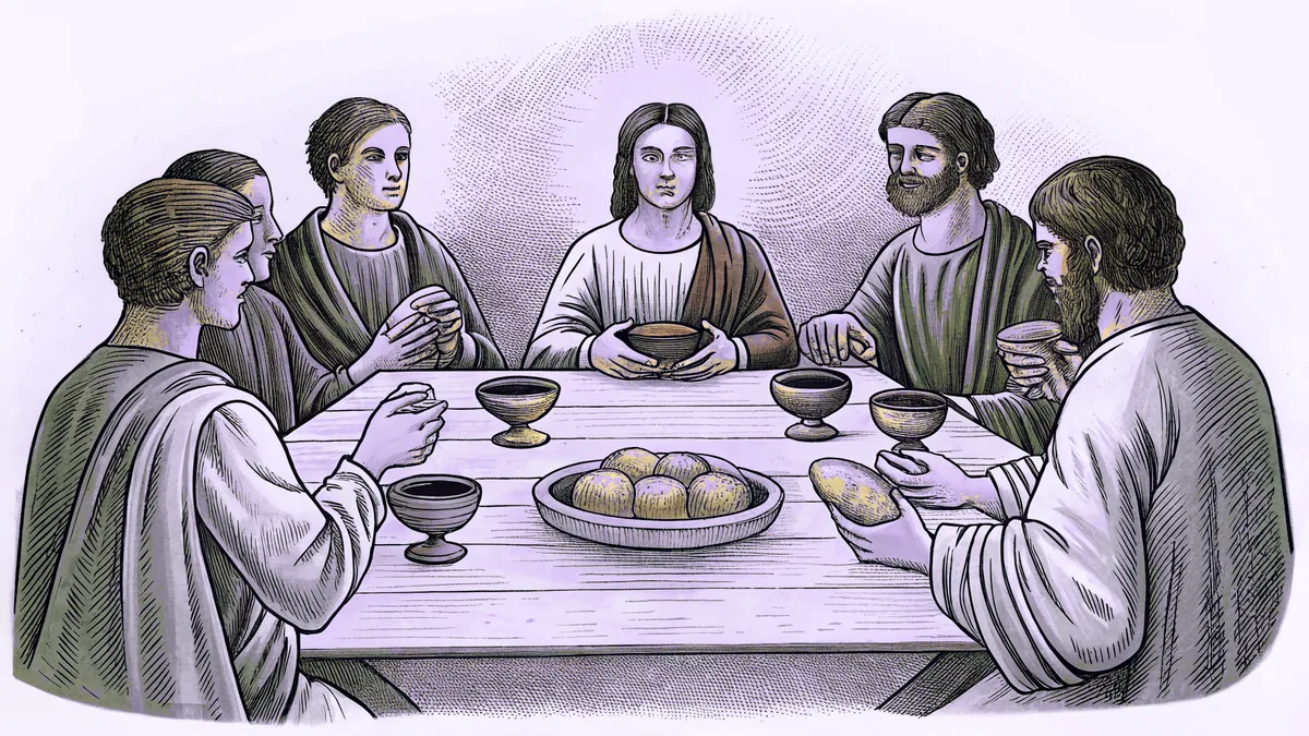A group seated at a long table during a solemn communal meal.