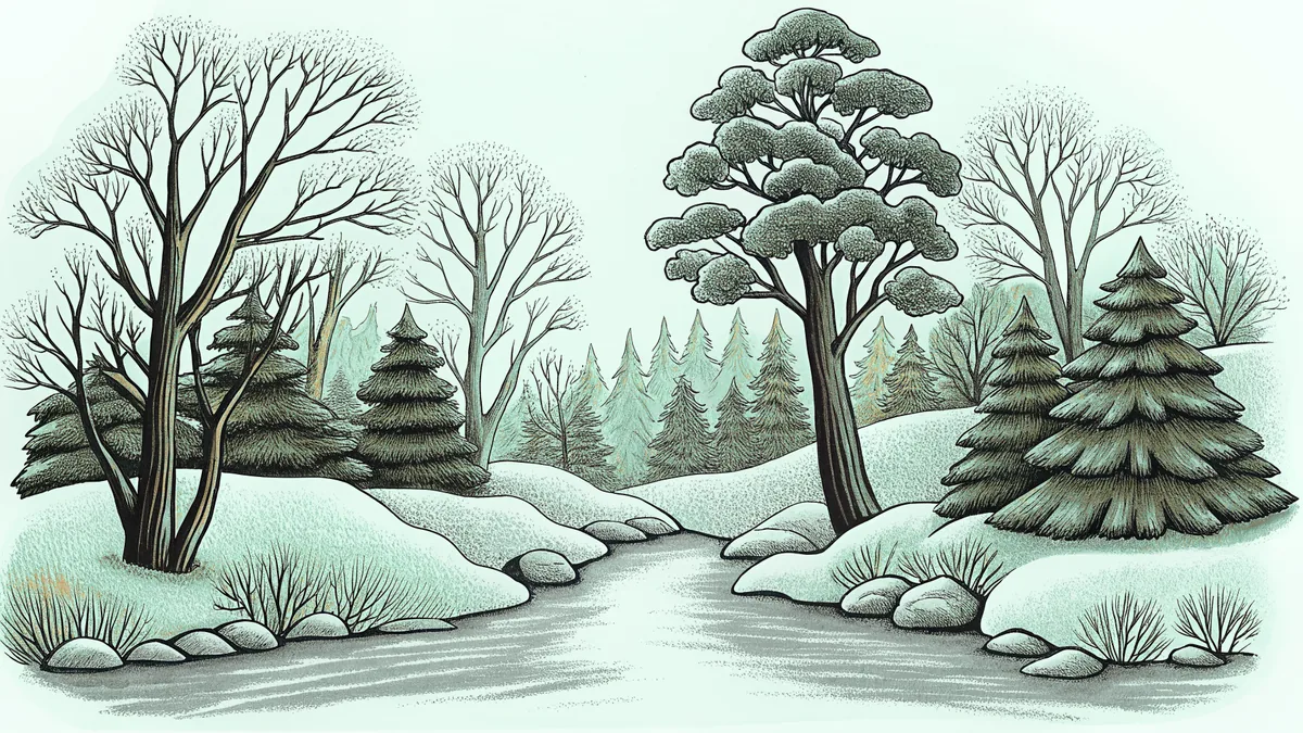 A partridge watches as doves and white swans gather on a snow-covered landscape.