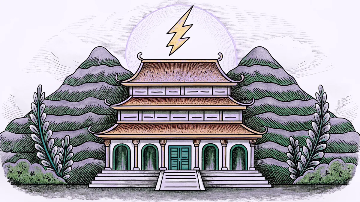 A marble temple on a peak with a lightning bolt, laurel wreath and sandals.