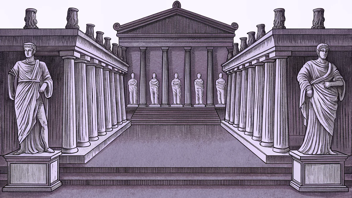 Classical Roman sculptures displayed in a temple.