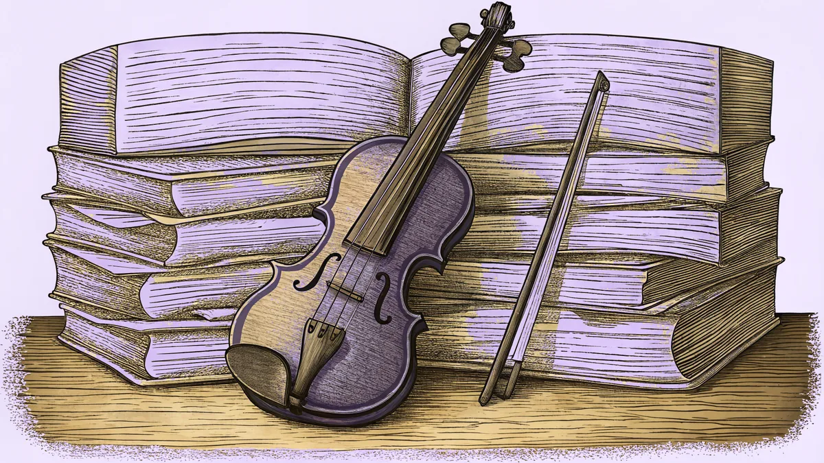 A violin rests on a table beside aged historical documents.