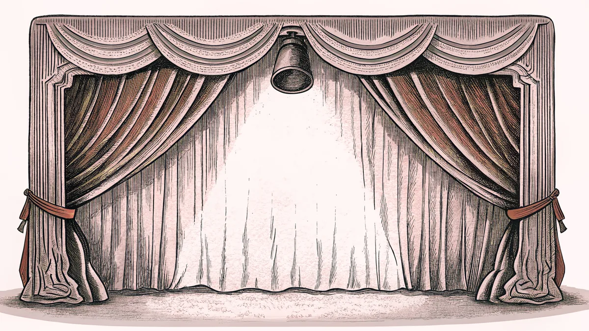 A blank theatre marquee is illuminated by a theatrical spotlight against deep burgundy velvet drapes.