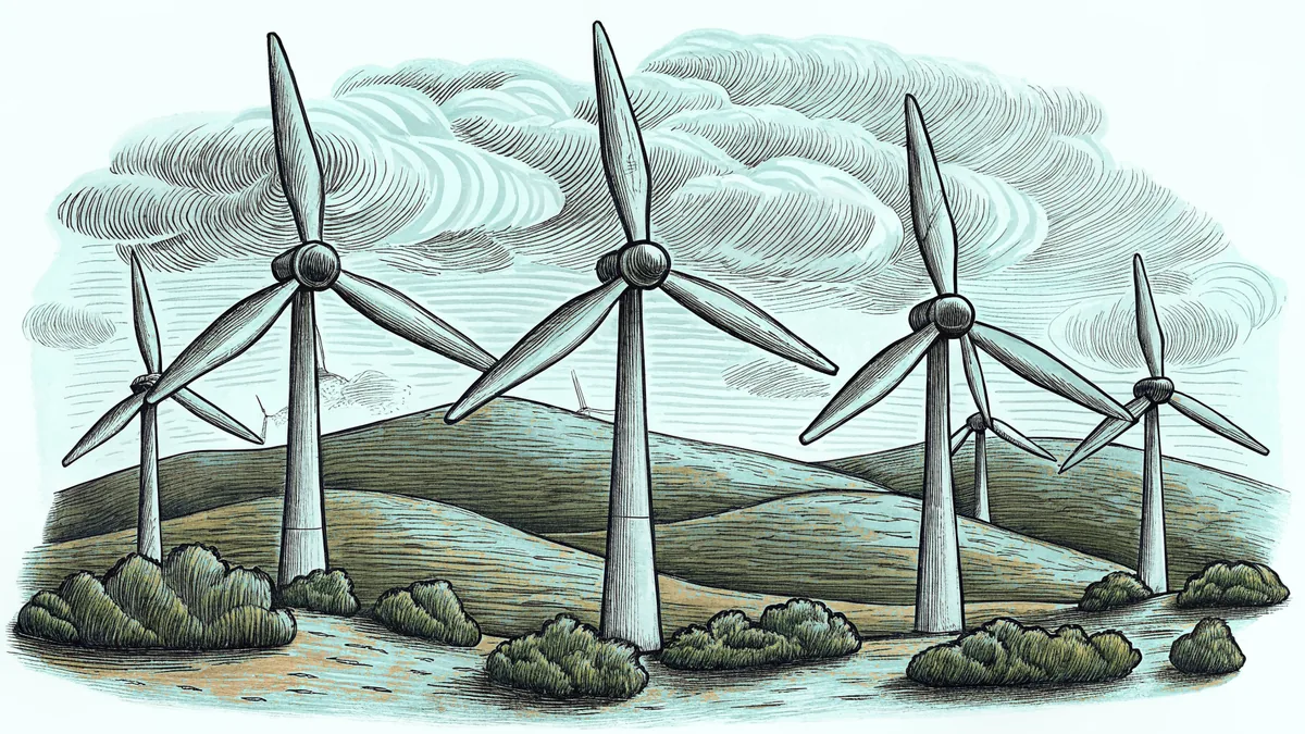 Wind and solar energy sources spin and shine across a sustainable renewable landscape.