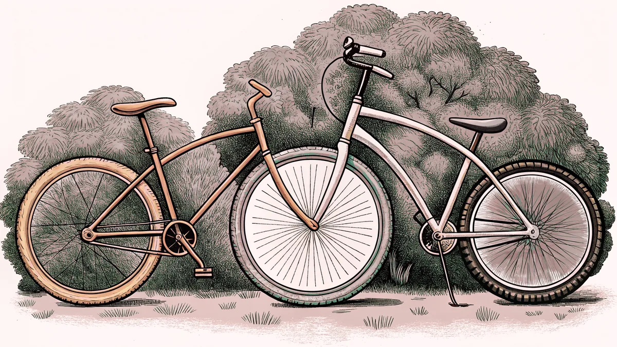 Various bicycles line a garage—mountain bike with knobby tires, road bike, and vintage unicycle.