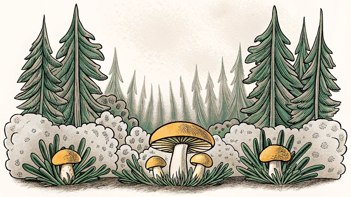A forest floor displaying various mushroom varieties including chanterelles and shiitake.