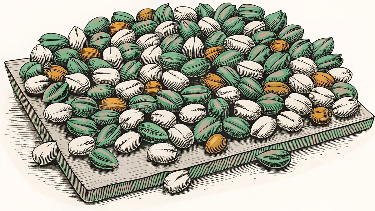 A variety of shelled nuts displayed on a wooden cutting board.