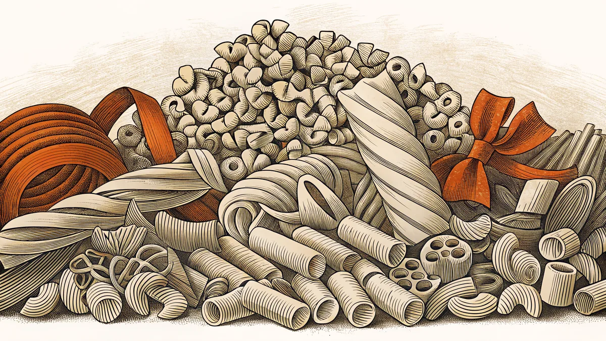 Different pasta shapes arranged in colorful groups.