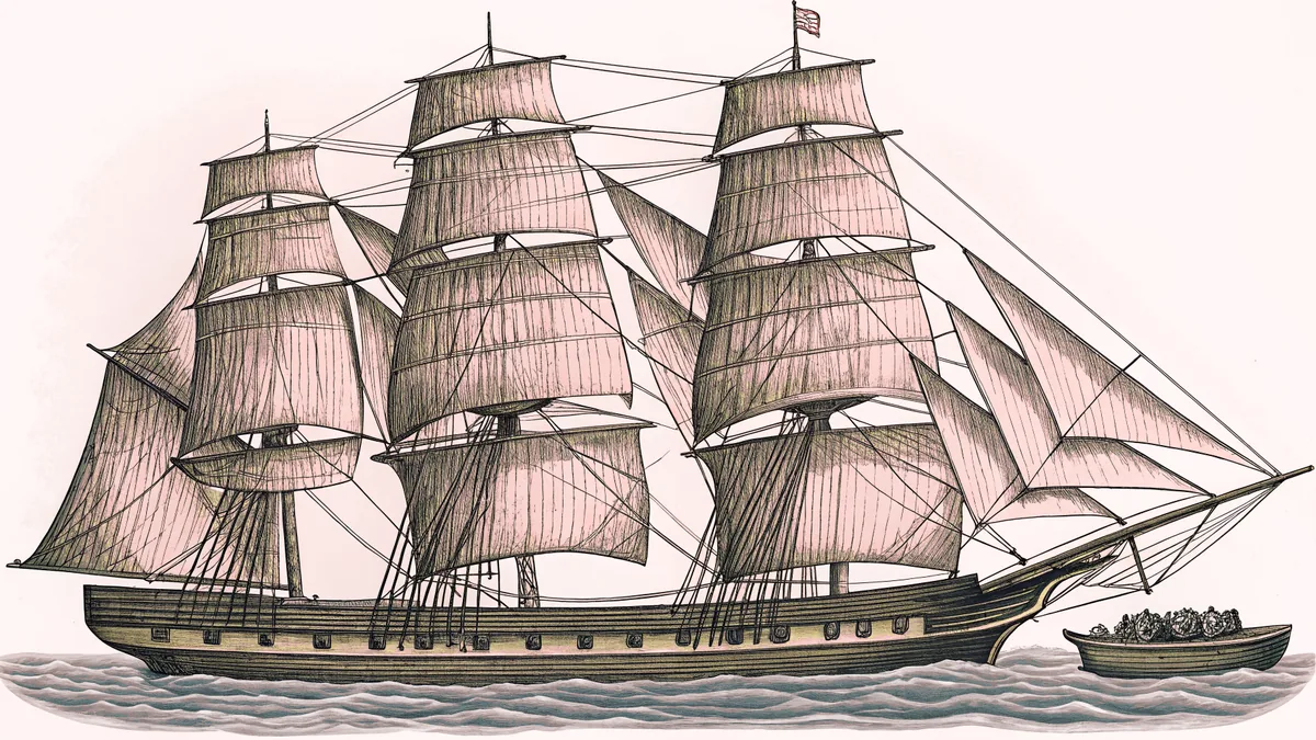 A tall sailing ship cuts through azure waters with full sails billowed and smaller boat alongside.