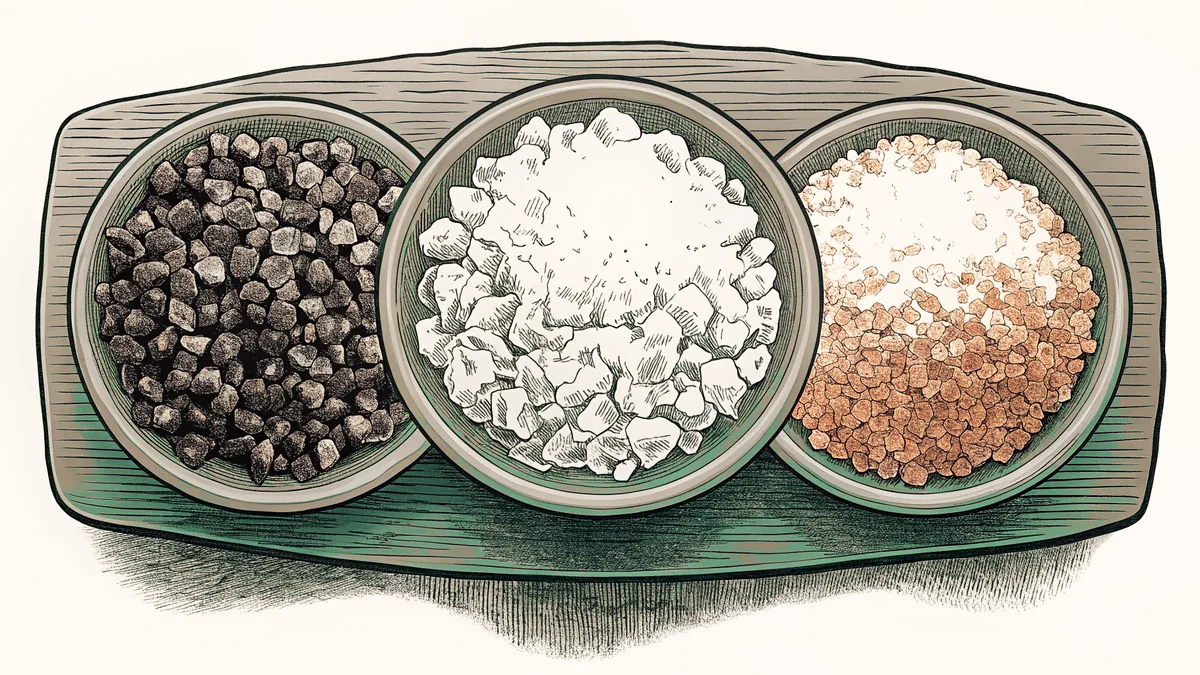 Various salt varieties including sea salt crystals, pink Himalayan, and black Cyprus salt.