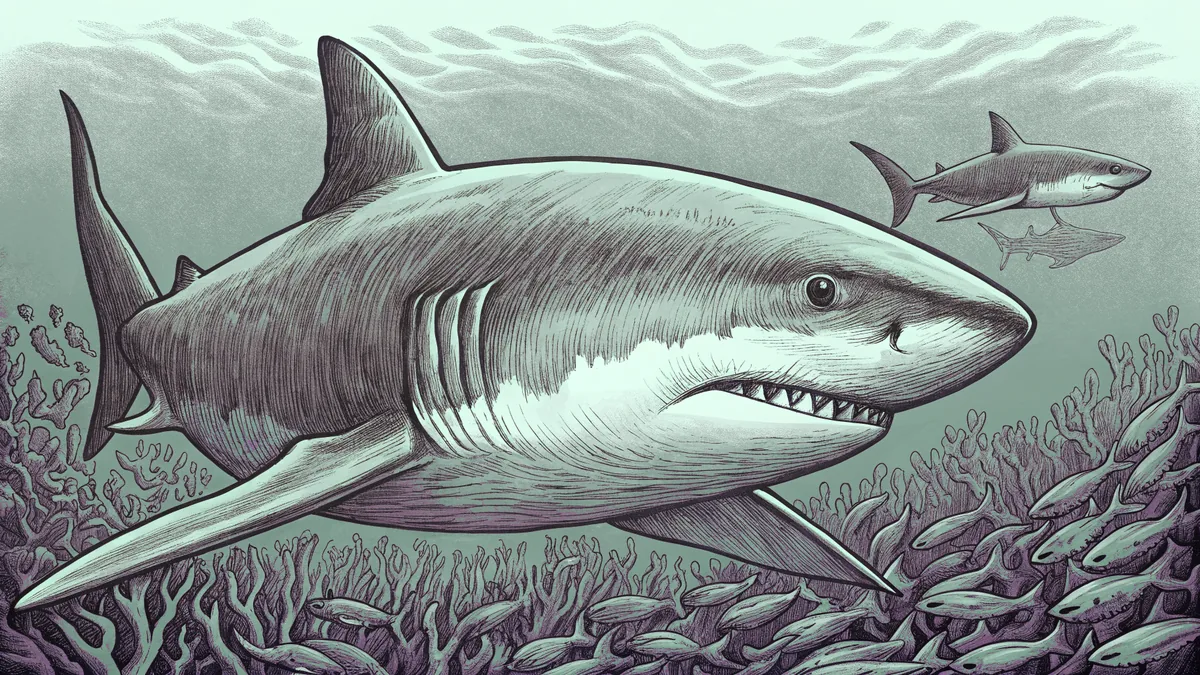 A great white shark glides past a hammerhead and tiger shark.
