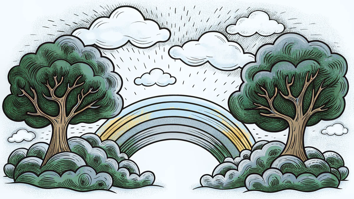 Variety of weather conditions including sun, storm clouds, rainbow, frost, wind.