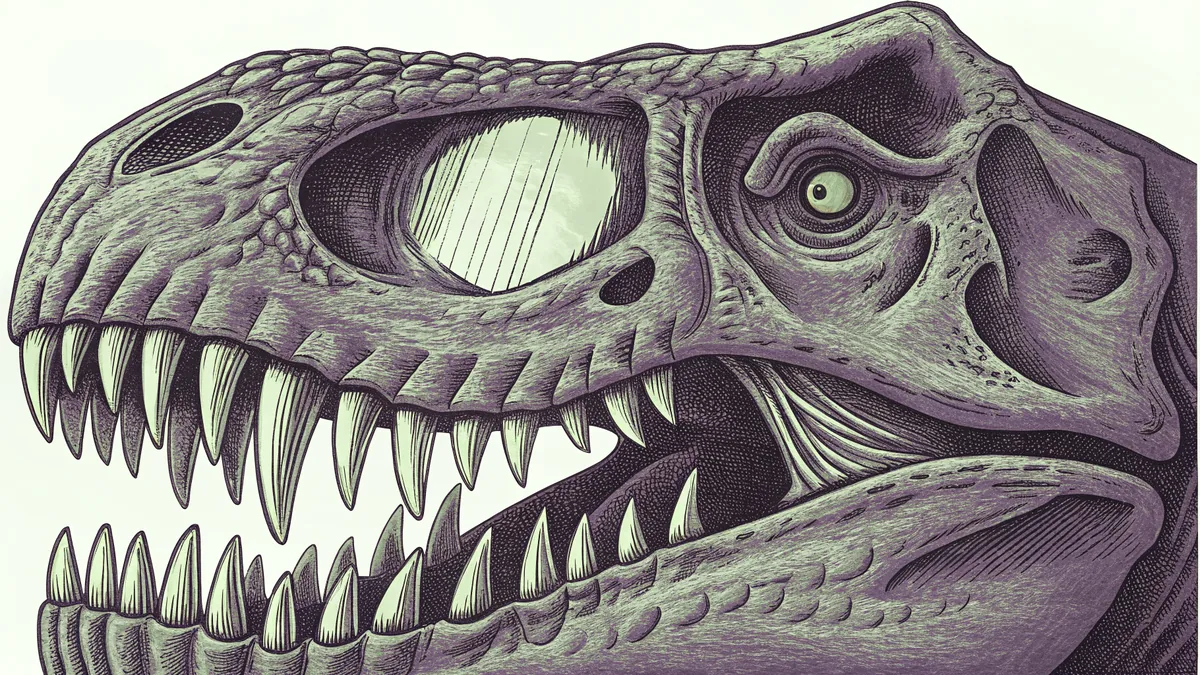 T. rex skull and massive teeth, the apex predator.