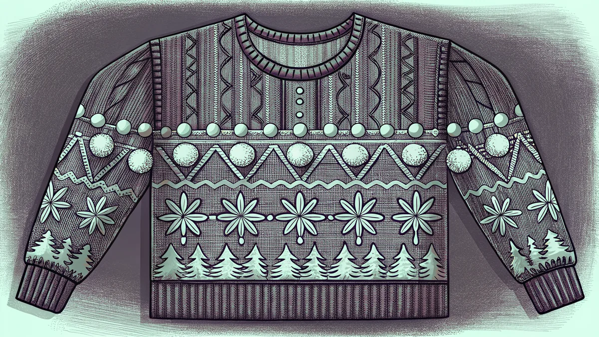 Outrageous Christmas sweater loaded with sequins, pompoms, and gaudy reindeer design