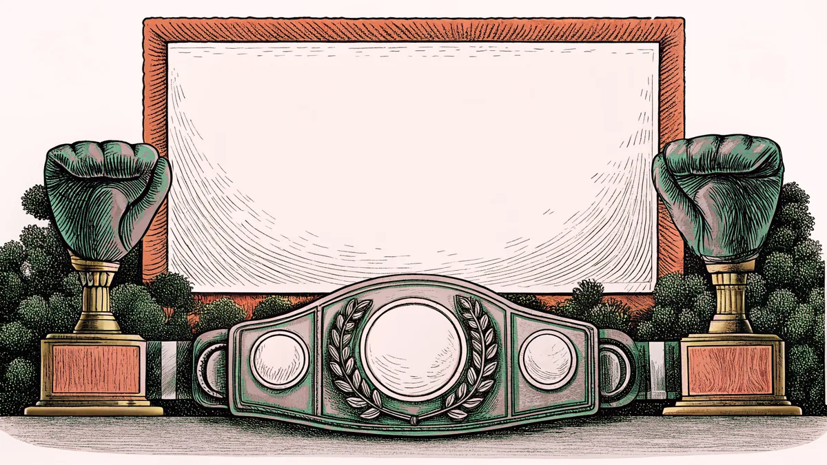 A champion's boxing belt rests on a wooden stand beside a gleaming trophy and heavy gloves.