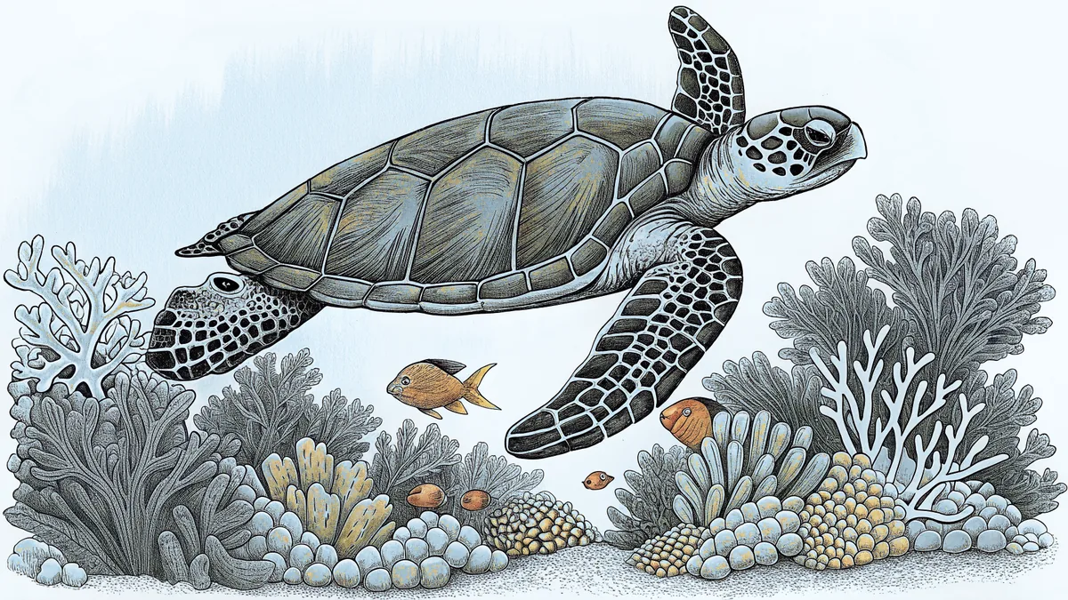A sea turtle swims above a coral reef with colorful fish and sea sponges.