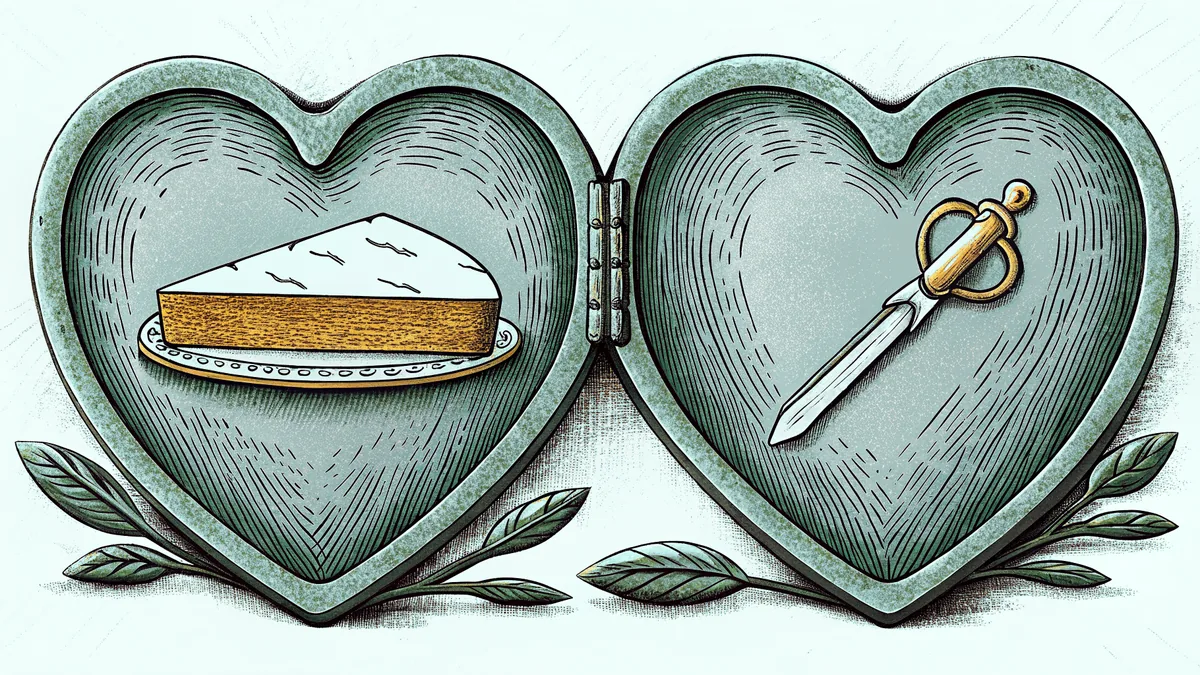 A heart-shaped locket sits beside a small toy knife and a slice of butterscotch pie.