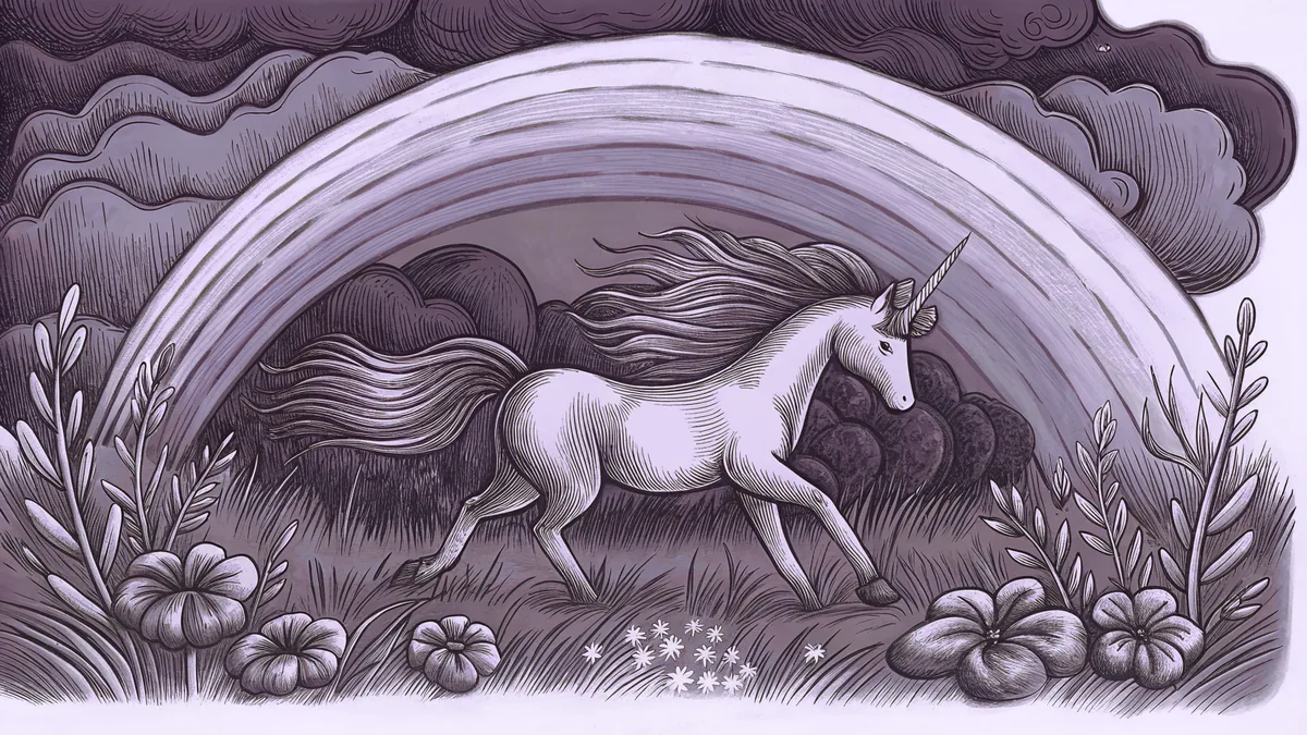 A magical unicorn with flowing mane runs through a meadow under a rainbow.