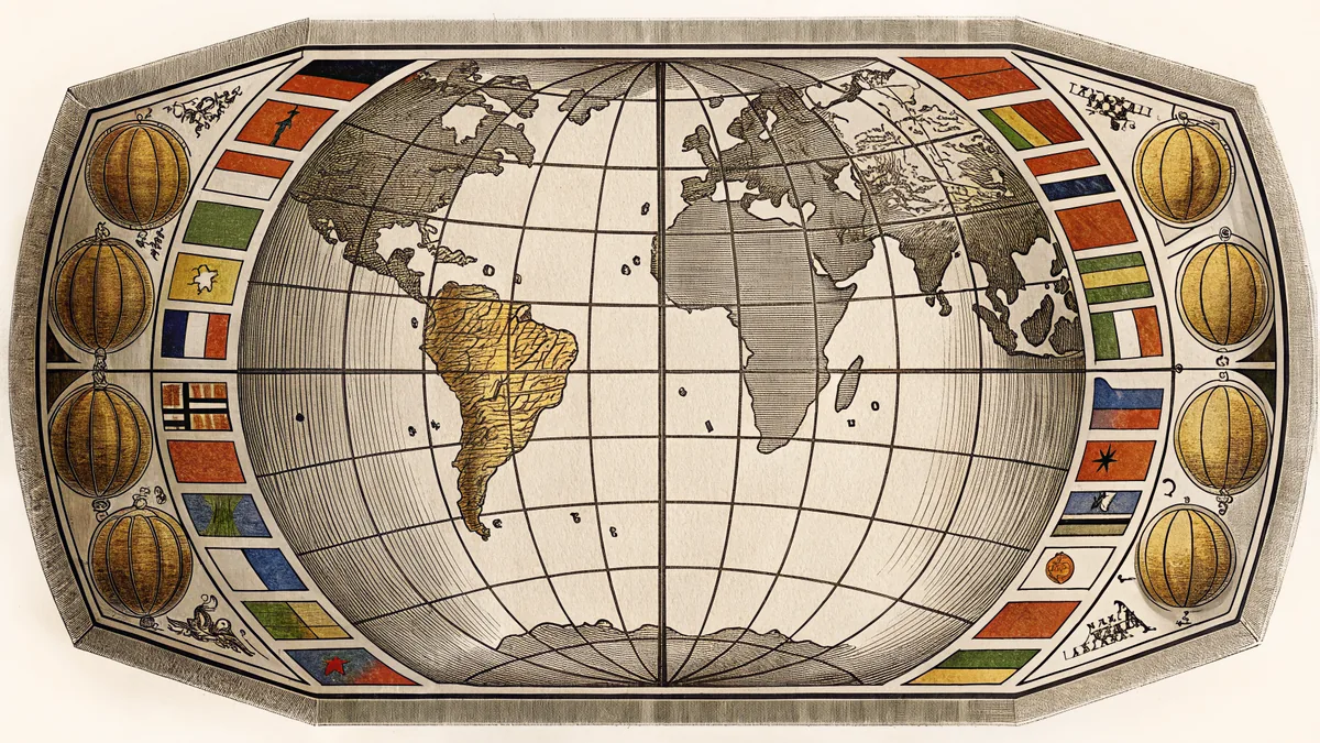 Global symbols and world maps represent the unity of international democratic cooperation.