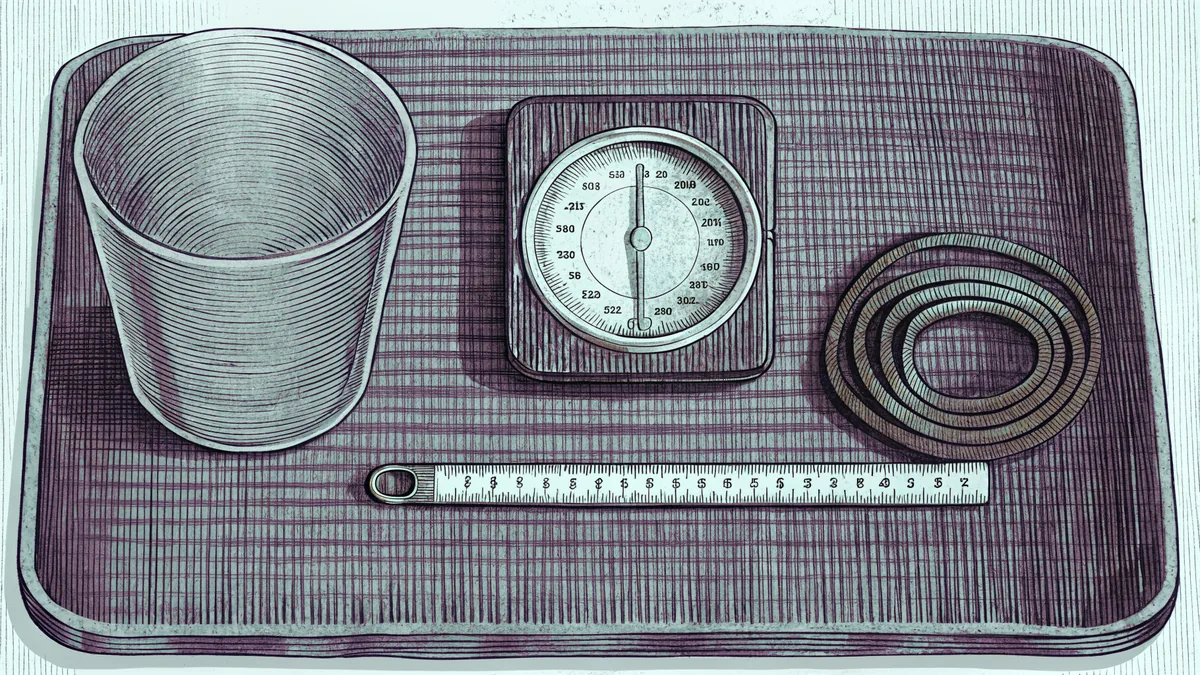 A measuring cup sits beside a ruler and bathroom scale with a thermometer displaying temperature readings.