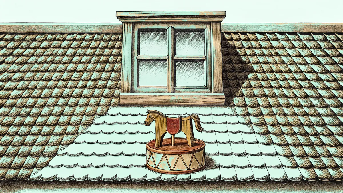 A carved toy horse mounted on a drum-shaped base, resting on dry roof shingles.