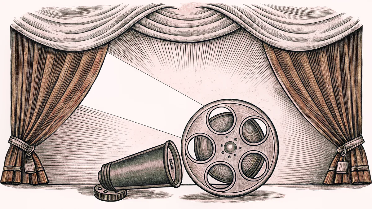 A spotlight illuminates a film canister and unmarked ticket stubs resting on deep red velvet.