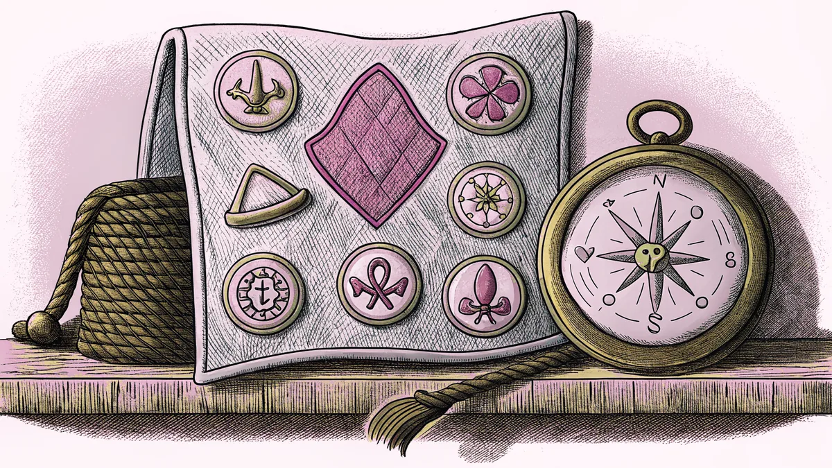 A bundle of adventure badges is pinned to weathered burlap beside a vintage compass on a shelf.