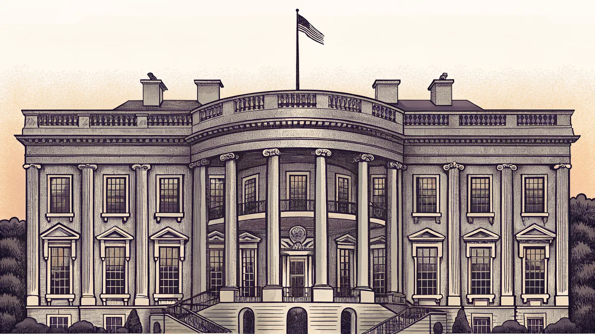 The White House surrounded by patriotic symbols.