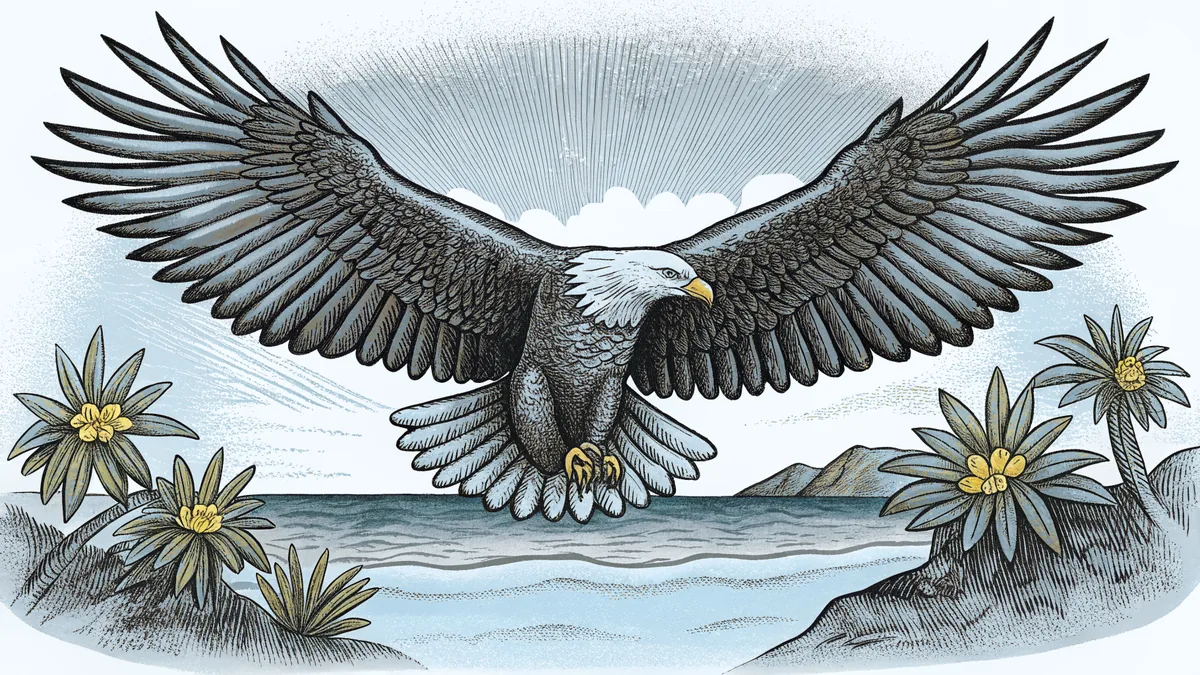 A sea bird soars above pristine island beaches and vibrant tropical flowers.