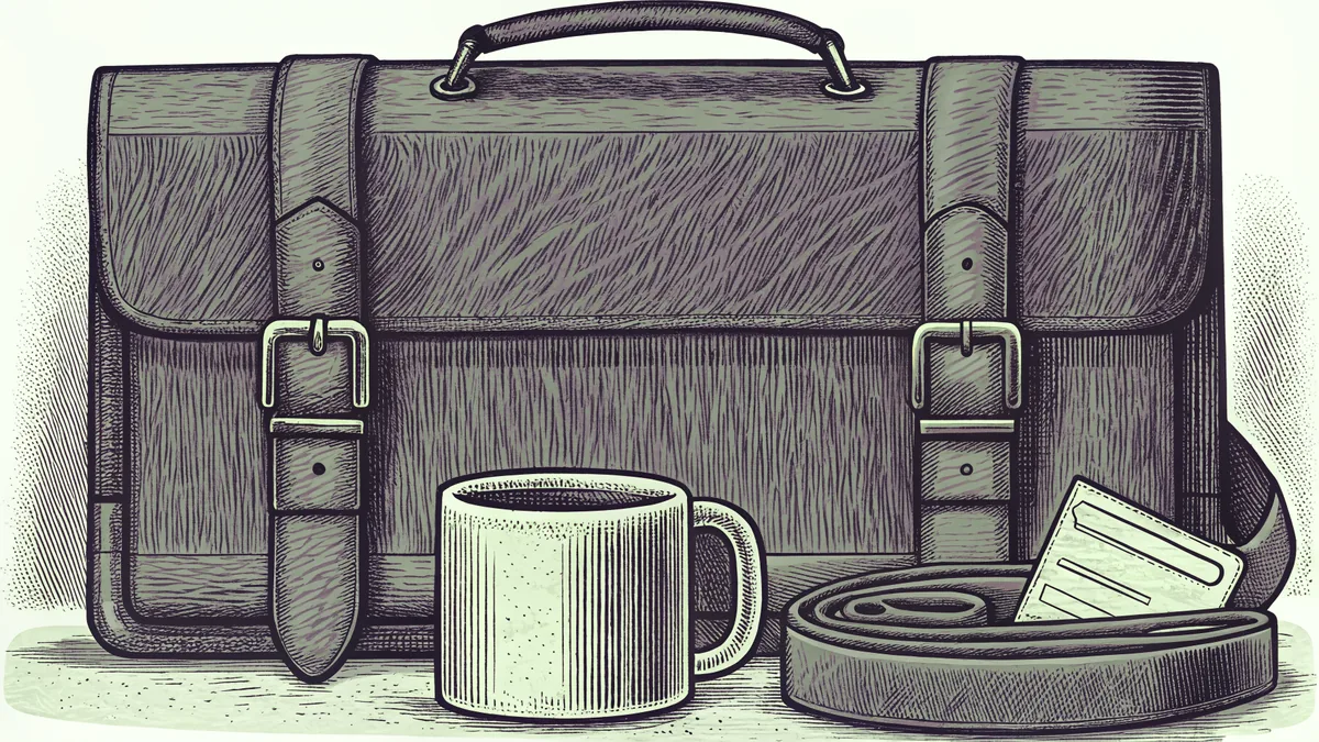 Practical father's day gift items arranged on a table including leather accessories and tools.
