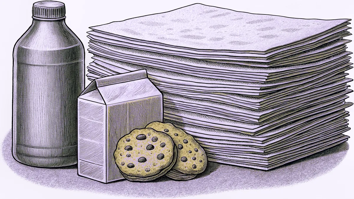 A stack of construction paper and glue beside juice boxes and cookies set out for snack time.