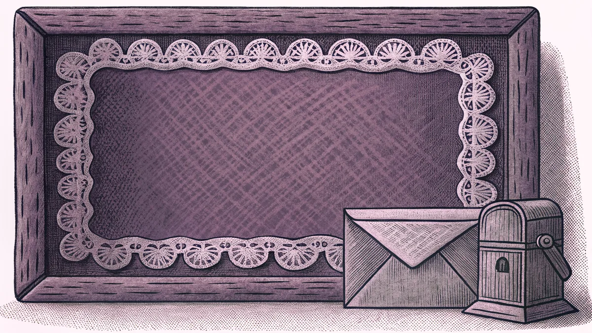 A decorative Valentine card with doily trim rests beside a red wax sealed envelope.