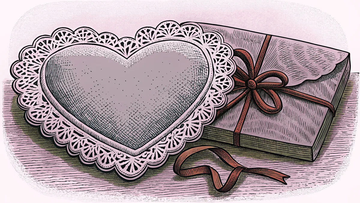 A lace-trimmed paper doily heart rests on an envelope, loose glitter and a red ribbon nearby.