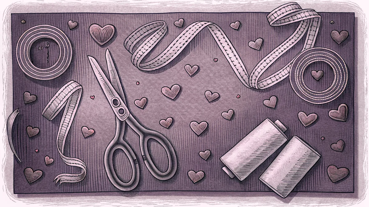 Colorful heart cutouts, ribbons, and glitter scatter around scissors and craft glue.