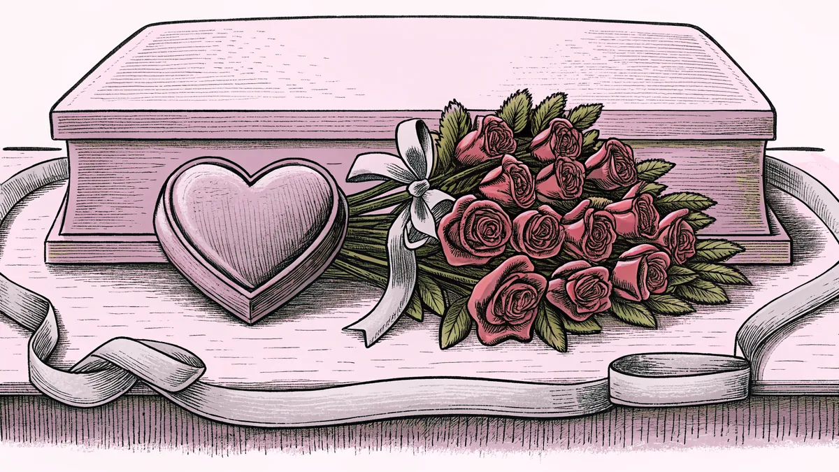 Red roses beside a heart-shaped chocolate box and ribbon on a table.
