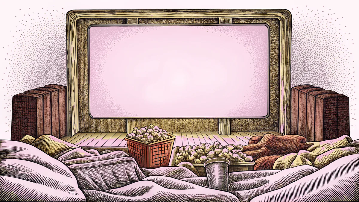 A cozy movie night setup glows with popcorn and soft blankets nearby.