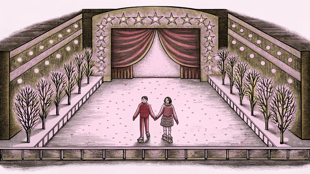 A couple glides together across an ice rink under sparkling lights.