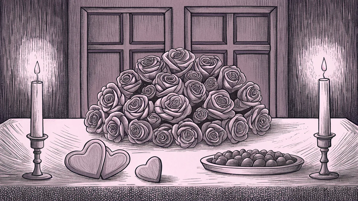 Red roses and heart-shaped chocolates rest on a candlelit dinner table.