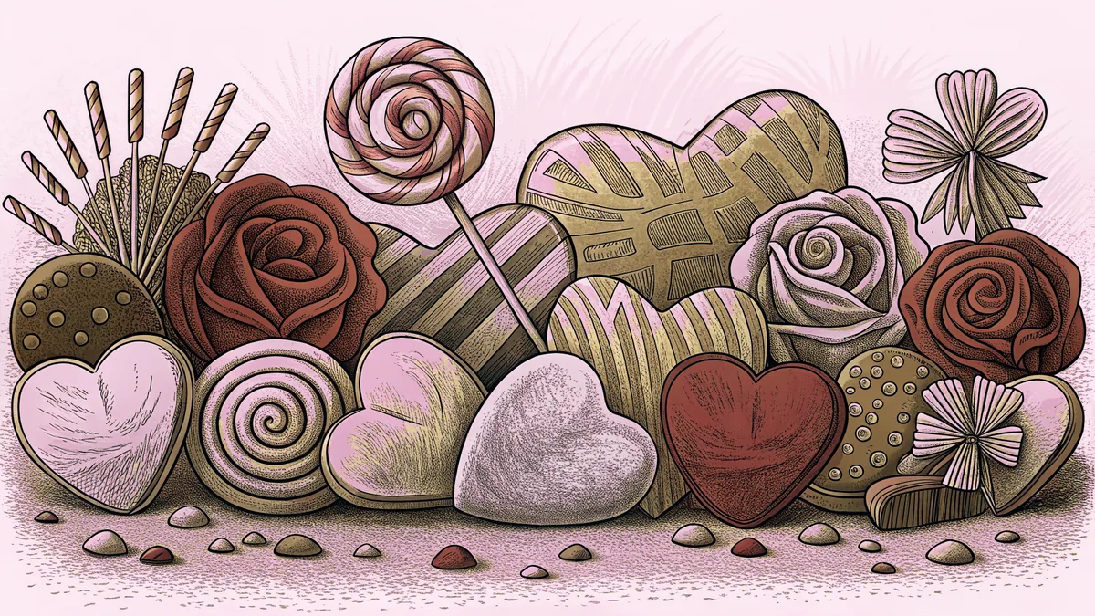 Assorted Valentine treats display chocolate roses, gummy hearts, and colorful candies.