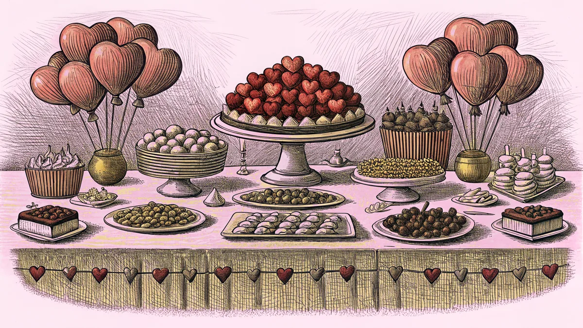 A festive table displays heart-shaped chocolates, balloons, and flowers for Valentine's.