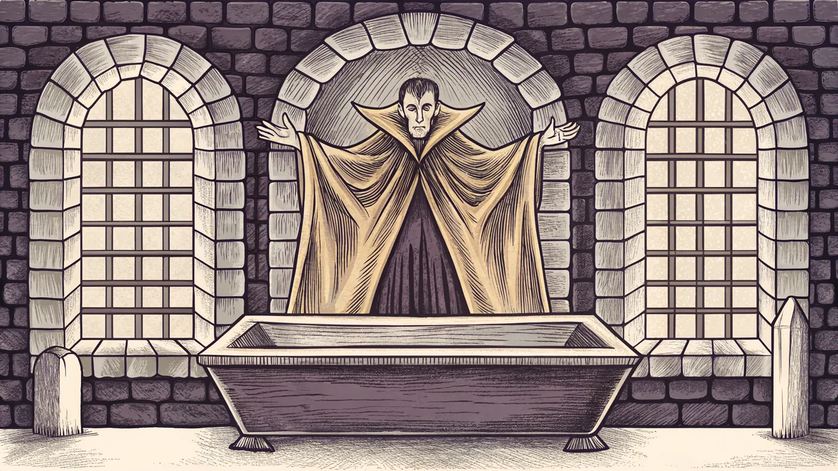 A vampire figure in a dark castle crypt surrounded by gothic atmosphere.