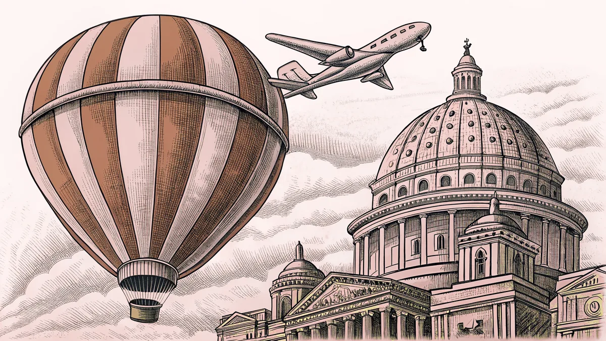 Multiple aircraft in flight: a sleek jet, a hot air balloon, and a helicopter in blue sky.