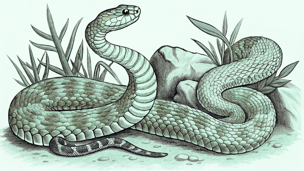 A king cobra and rattlesnake coiled among tropical foliage and rocky terrain.