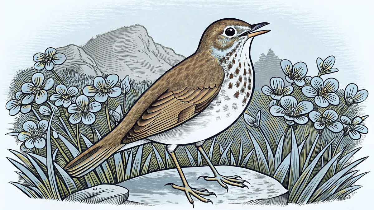 A hermit thrush sings among sugar maples with clover blooming below.