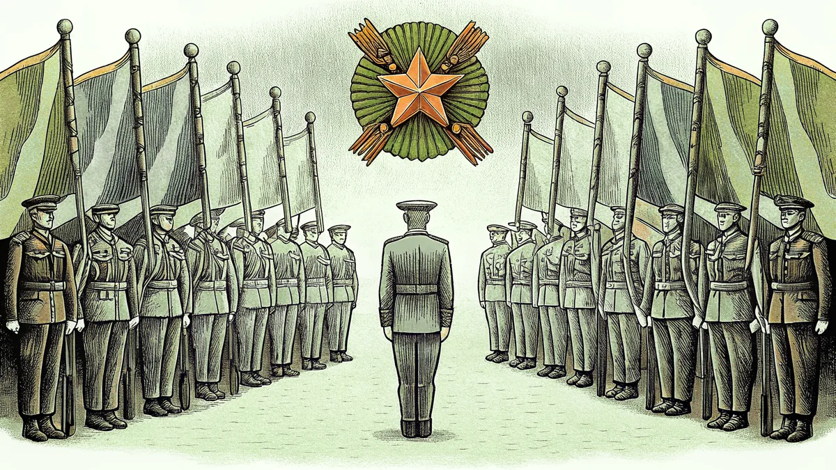 Military parade with uniformed soldiers carrying flags honoring veterans' service.