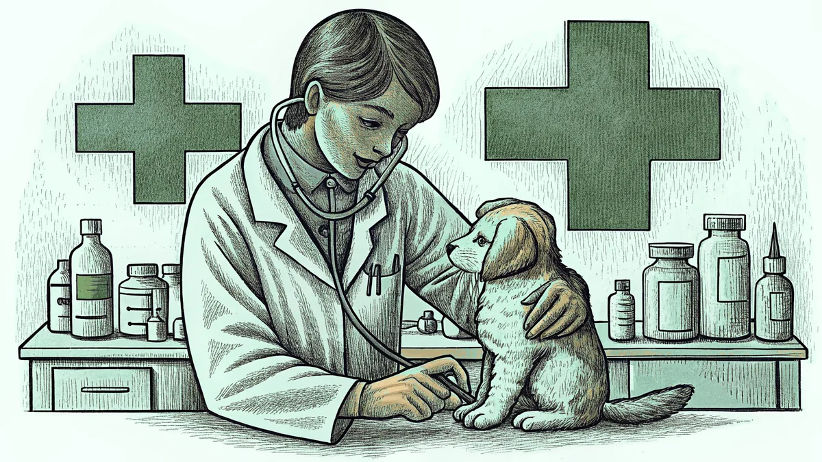 A veterinarian cares for a puppy and kitten in a bright, clean examination room