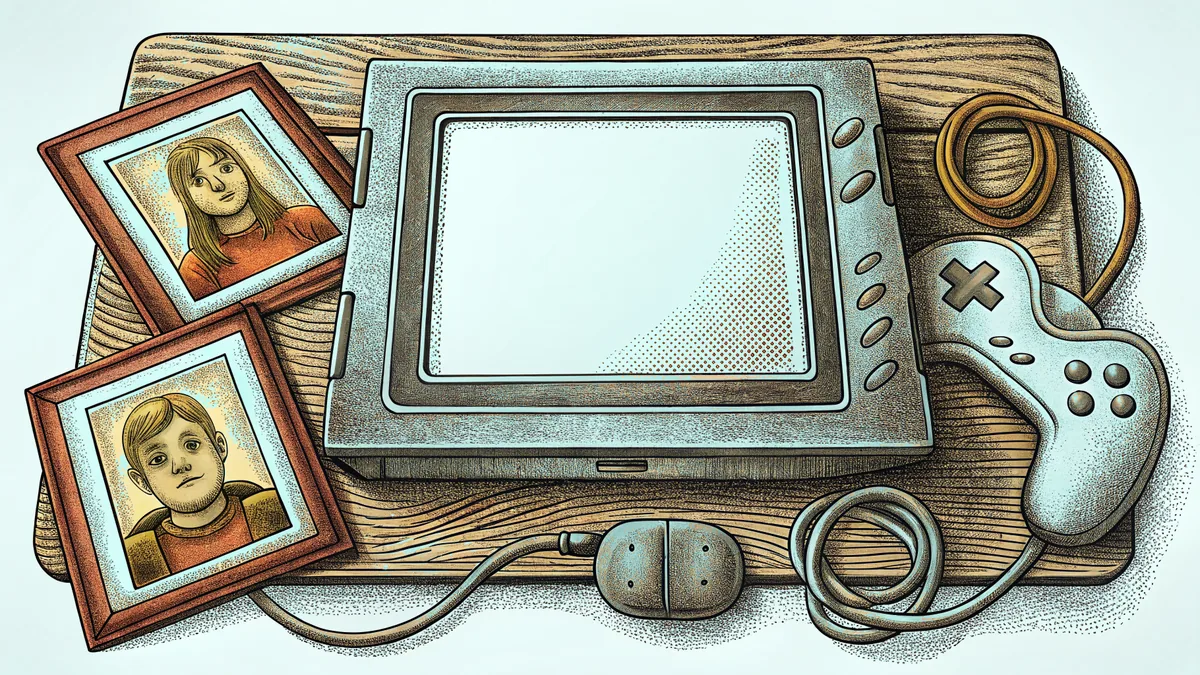 A handheld console showing an empty screen beside a controller and cartridges.